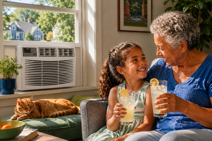 Grandma and granddaughter drinking lemonade indoors you see and AC unit in the window