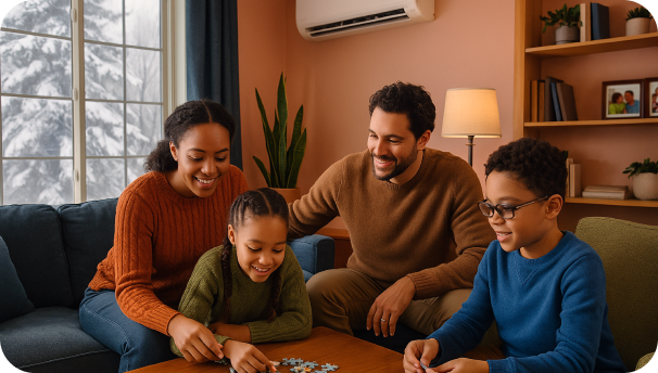 Image of a family sitting and smiling while building a puzzle. There is a heat pump on the wall behind them.