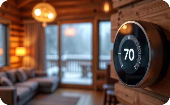 Image of a thermostat in a log cabin with snow outside